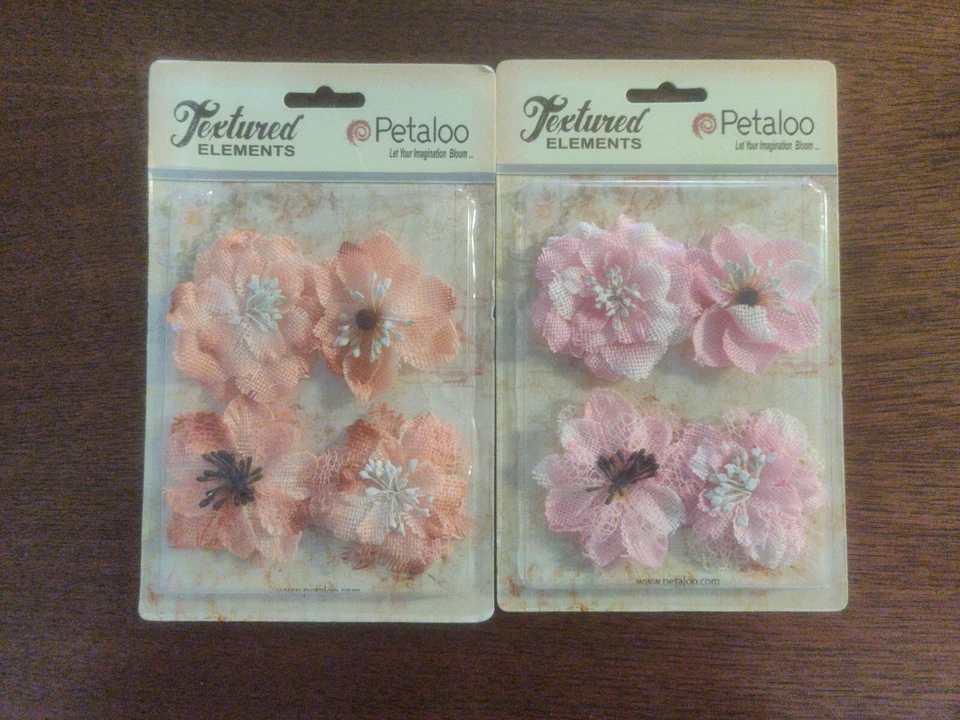 Lot 6 pkg 2.5" Petaloo Textured Floral Burlap Flowers natural black pink #51 - Image 3 of 4
