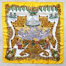 vintage HERMES yellow orange silk scarf Le Paradis du Roy by Annie Faivre 1992