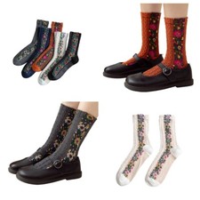 5 Pairs Women Cotton Flower Mid Calf Stretch Elastic Sports Floral Crew Socks