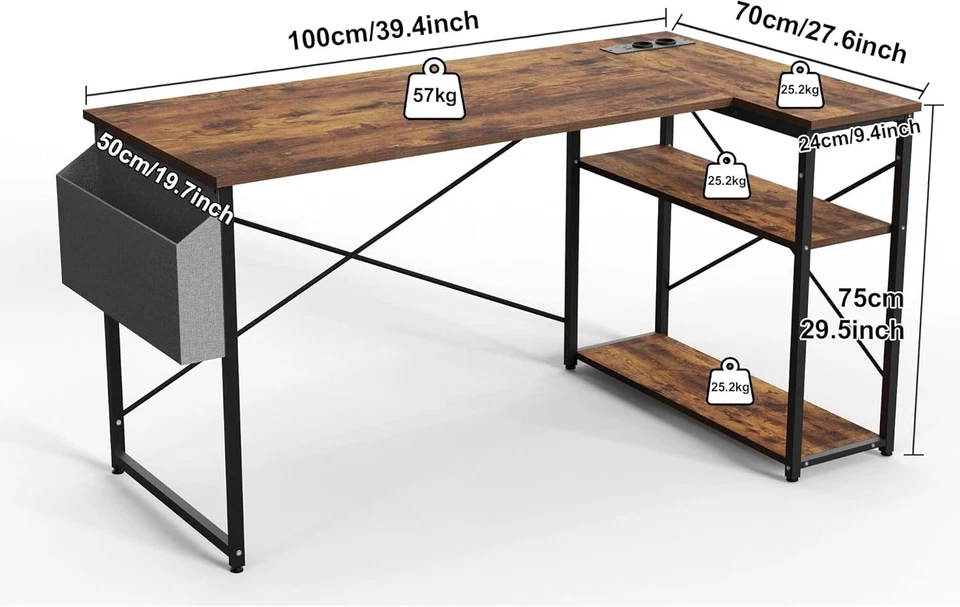 Gaming Computertisch L-Form 100x70 cm Platzsparender Schreibtisch mit Steckdosen - Bild 3 von 4