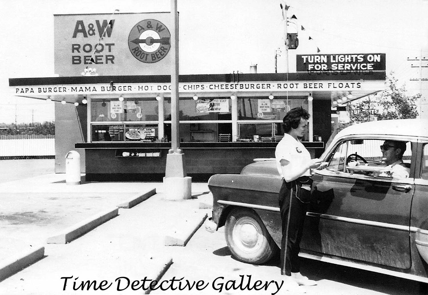 Car Hop & Vintage Car, A&W Root Beer Stand 1950s Vintage Photo
