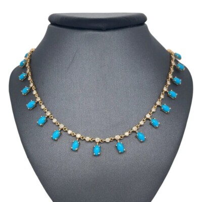 5Ct Oval Cut Lab-Created Turquoise Station Dangle Necklace 14k Yellow Gold Over