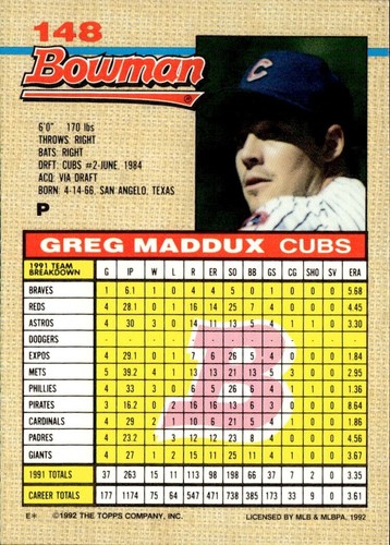 1992 Bowman #148 - Greg Maddux - Picture 2 of 2