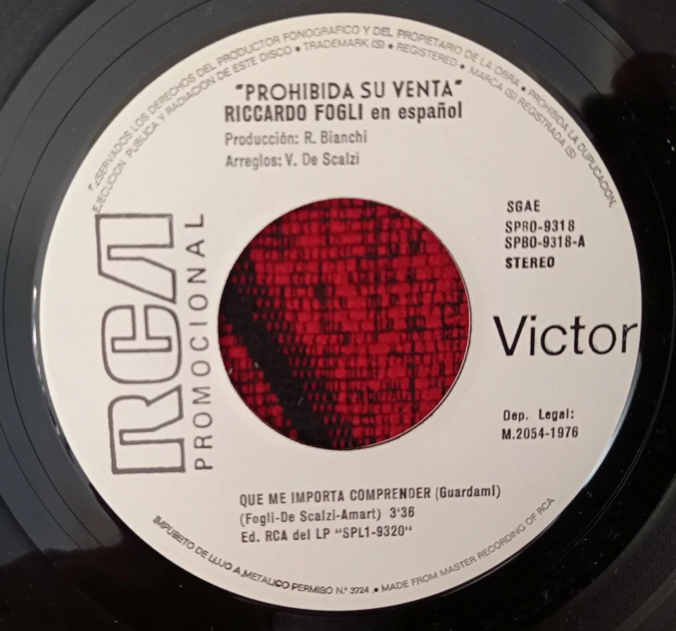 RICCARDO FOGLI *Que Me Importa Comprender / Maryanne* 1976 Spain PROMO 7" Single - Image 3 of 4
