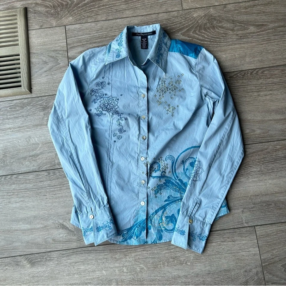 Camisa Indigo Palms Paisley Bordada Novedad Bohemia Abotonada Talla XS Foto 4 de 4