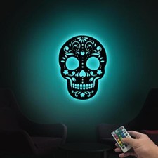 Letrero de metal con calavera con luces LED, letrero de calavera de azúcar, decoración de cara de esqueleto