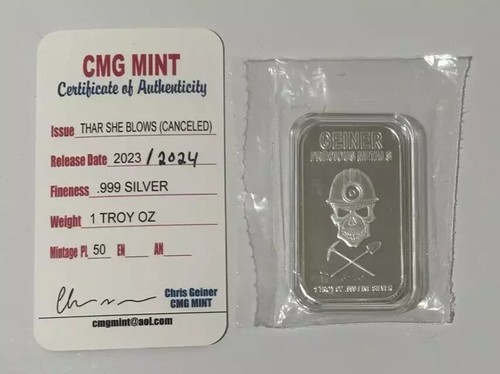 CMG Mint There She Blows CANCELED 1 Oz .999 Silver Art Bar With COA NEW! - Picture 2 of 2