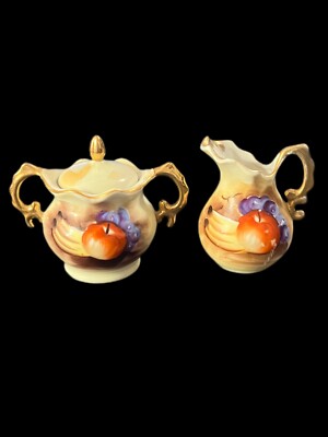 Vintage Enesco Mini Sugar Bowl & Creamer Fruit Pattern Apple Grape Banana 3 Tall
