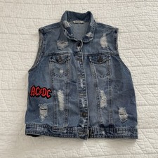 Women  s Distressed Denim Vest Rock Patches Collared Size L Blue