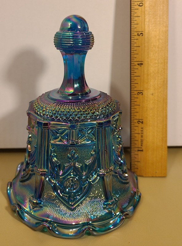 VINTAGE FENTON IRIDESCENT BLUE CARNIVAL GLASS BELL STAMPED SABLE ARCHES PERFECT
