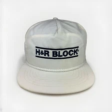 Vintage H&R Block Hat White 90s Snapback Tax Prep Company Cap w/ Rope