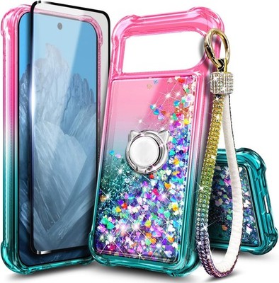 Google Pixel 10 Pro XL Case, Pink/Aqua | Bling Sparkly Glitter Liquid Cute Cover