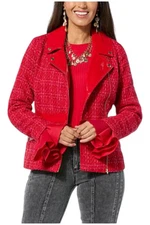 Christian Siriano Women's Tweed and Faux Leather Moto Jacket Haute Red