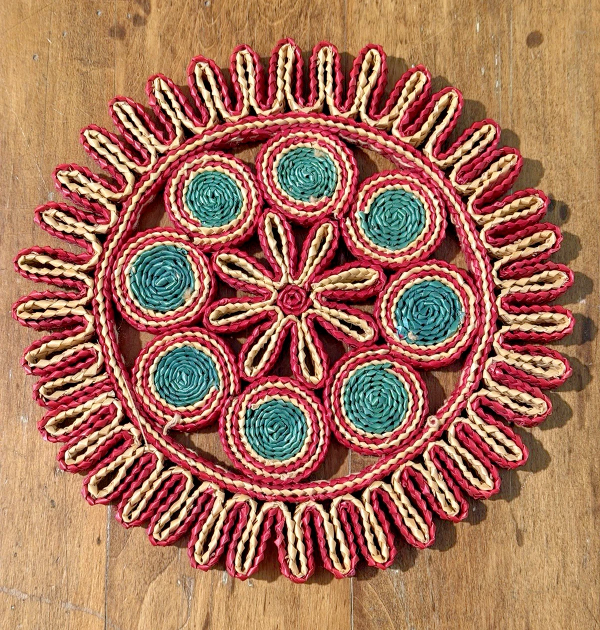 Colorful Woven Round Trivets Kitchen Raffia Hot Pads Wall Vintage Boho Set of 5 image 2