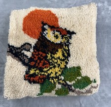 Vintage Owl Latch Hook Throw Pillow, 1970s Completed Latch Hook, 1970s Owl Decor