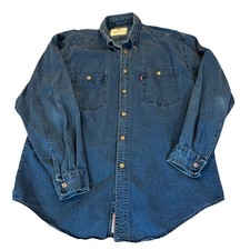 VINTAGE 90s Levi s Jeans Red Tab Denim Dark Blue LS Shirt Sz L Metal Buttons