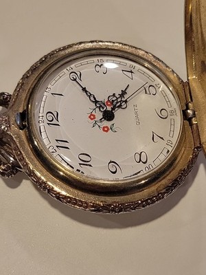 Vintage Quartz Pocket Watch Made In Japan Flowers On Face Big Ben On Case AS-IS 