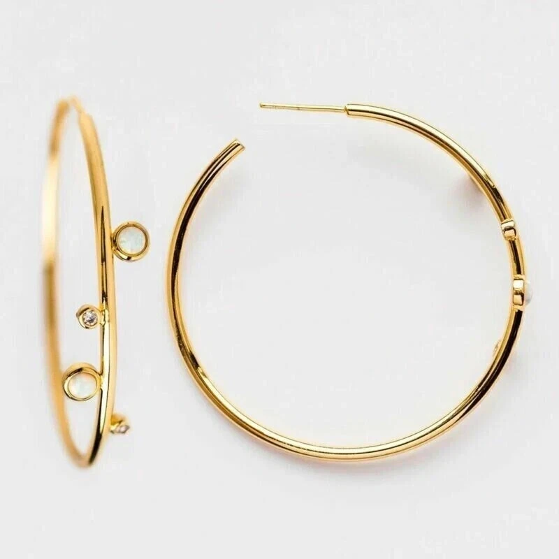 Женские серьги-кольца 3 карата круглой огранки с лабораторным огненным опалом желтое золото 14 карат - Изображение 3 из 3