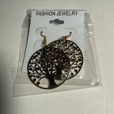 Gold Tone Tree of Life Dangle Earrings Round Cutout Boho Fashion Jewelry