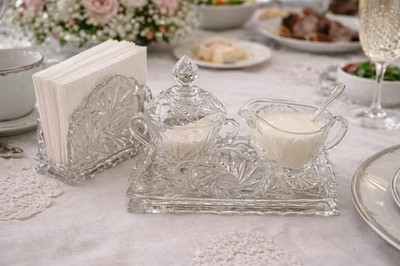 Pinwheel Star Crystal Cut Sugar, Creamer & Napkin Holder Elegant Ornate MCM 
