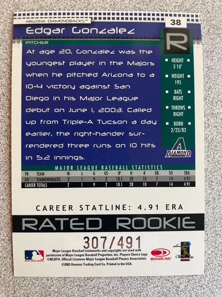 2004 Donruss #38 Edgar Gonzalez RC Stat Line Career #307/491 Diamondbacks - Image 2 of 2