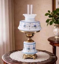 Quoizel Abigail Adams Hurricane Parlor Lamp - Milk Glass and Blue, Brass Accents