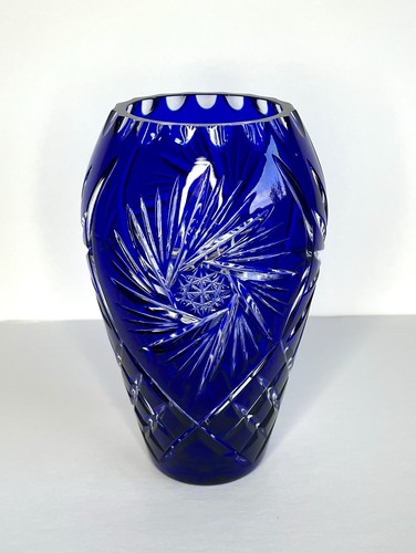 Vintage Cobalt Blue Cut To Clear Bohemian Crystal Vase 8” Tall~ Heavy - Picture 2 of 10