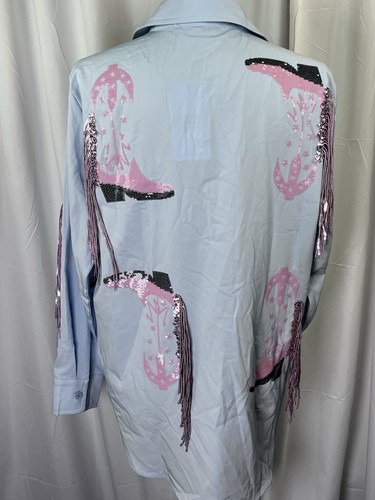 Blue B. Collection Blue/Pink Sequin Cowboy Boot Fringe Button-Down Shirt Size M - Picture 4 of 14