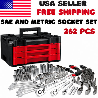 262-Piece Mechanic Tool Set with 3-Drawer Box SAE and Metric Socket Set 90-Tooth