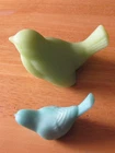 Vintage Fenton Glass Satin Custard Lime Green Bird Figurine + Small Blue Satin