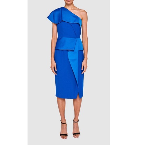Ted Baker, Ted Baker One Shoulder Dress Womens 4 Blue Ruffle Peplum Cocktail Event