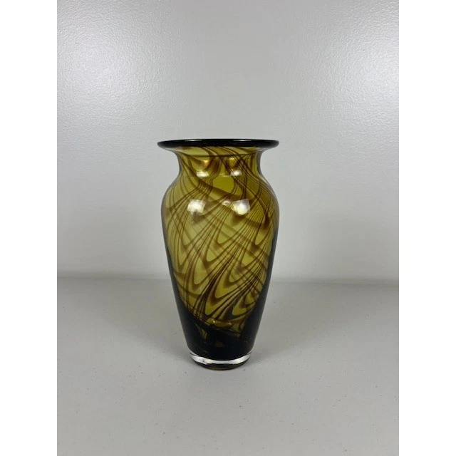 Hand Blown Art Glass Vase Amber Brown Swirl Pulled Feather Pattern 7.75 Inch