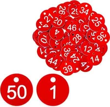 1-50 Number Tags Plastic ID Number Hang Tags with Hole Engraved Round Red