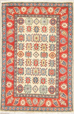Accent Rug 3x4 ft. Ivory Kazak Geometric  All-Over Oriental Handmade Wool Carpet