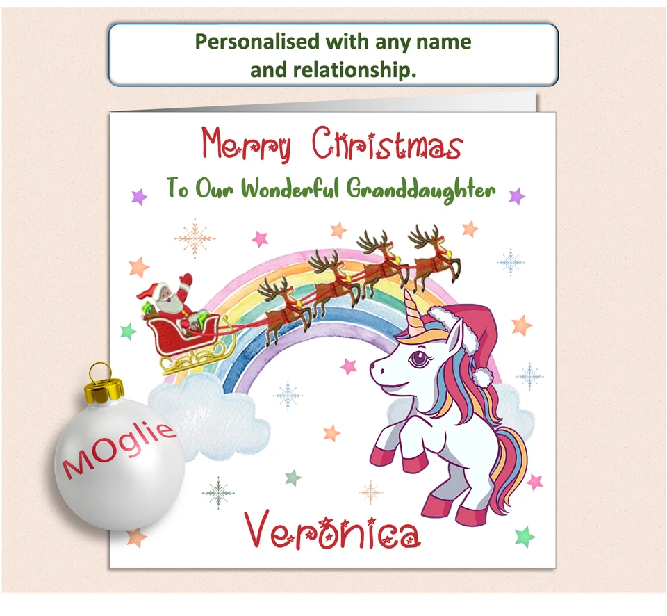 Unicorn Christmas Card Personalised Girls Daughter Granddaughter Niece - UNI-1 - Image 2 of 4