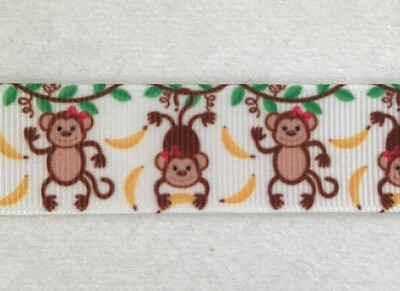 Monkeys jumping bananas on white Grosgrain ribbon BTY 7/8'' 