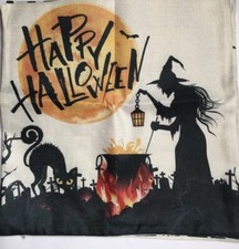 HAPPY HALLOWEEN WITCH CAT THROW PILLOW COVER 18x18 Inch NEW