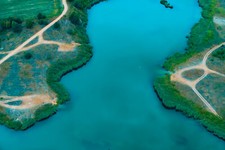Landscape nature aerial view water lake dirt road trees Custom Gaming Mat Desk