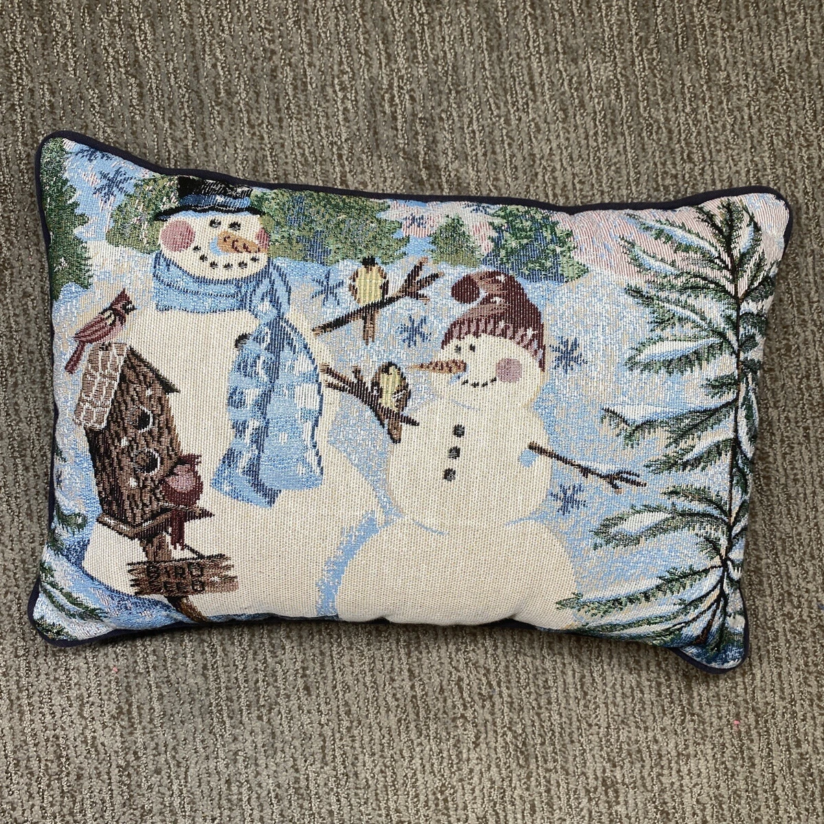 VTG Needlepoint Winter Christmas Snowman Bird Pillow Blue White