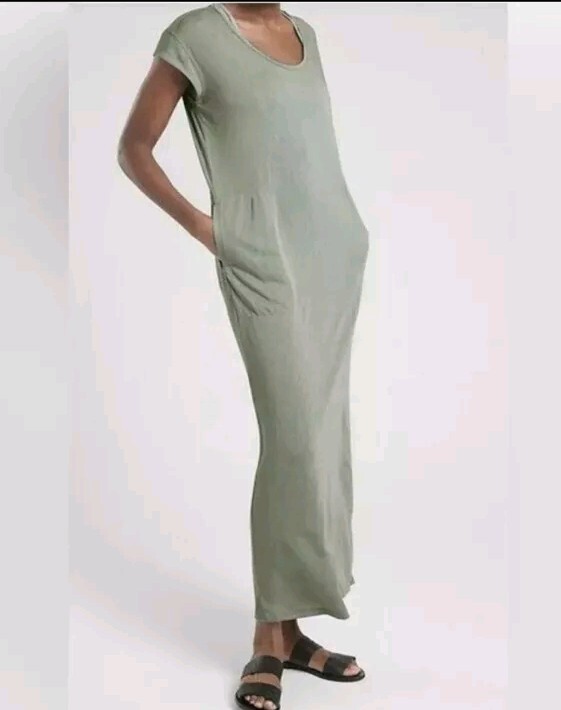 Athleta Maxi Dress Womens SM Sage Green Martinique Maxi Pockets Boho Lagenlook-image