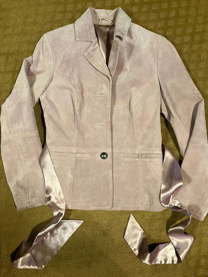 Chaqueta de gamuza rosa pálido talla pequeña faja satinada de cuero talla RUFF HEWN $29 VER Foto 4 de 4
