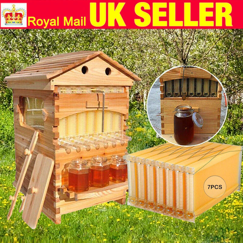 7X Upgraded Auto Flowing Honey Frame Wooden Bee Hive House Comb Beehive Box Kit