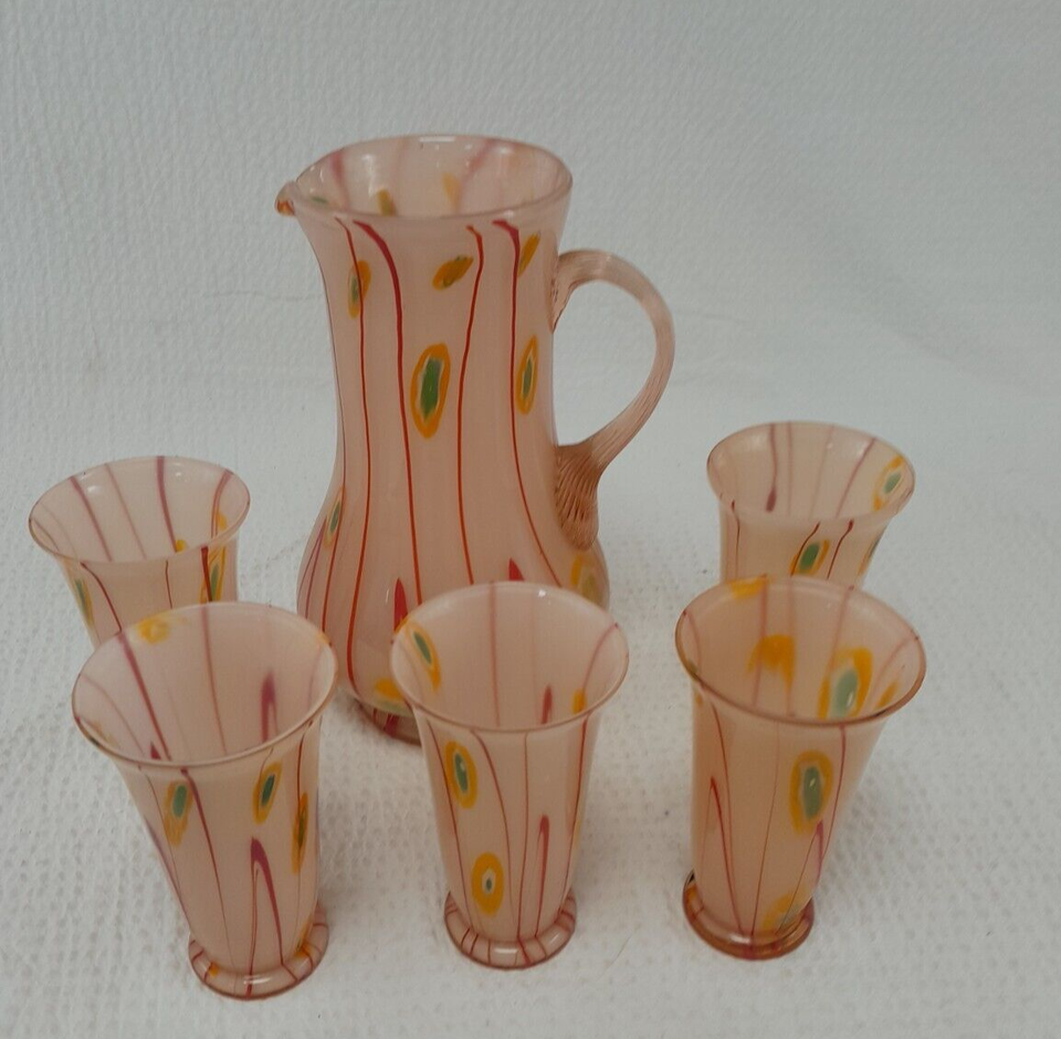 Kralik Czech Art Deco 1930's 'Murrine Canes&Lines Lemonade jug & 5