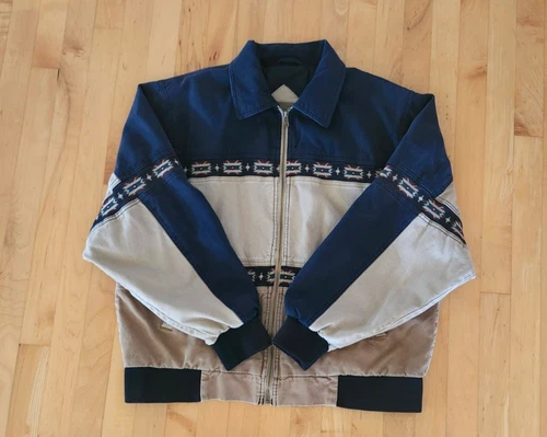 Vtg 90s Canyon Guide Outfitters Canvas Aztec Bomber Jkt L Tan & Blue - product listing photo