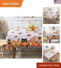 Water Resistant 52 Inch Fall Tablecloth - Cute Black Cat Design for Thanksgiving
