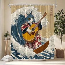 Funny Cat Shower Curtain Sea Waves Japanese Geisha Cute Kitten Surf Vintage Asia
