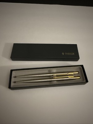 Vintage Parker Jotter Ball Point Pen/Pencil Set Arrow Clips Stainless Boxed USA