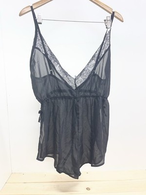 PrettyLittleThing Women's Black Lace Chemise Teddy Romper Sz L NWT