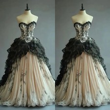 Vintage Champagne Black Wedding Dresses Strapless Lace Appliques Bridal Gowns