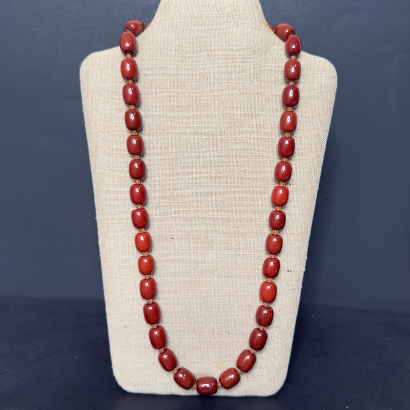 VTG LARGE HEAVY Cherry Amber Bakelite Faturan Barrel Beaded Necklace 34” 162g
